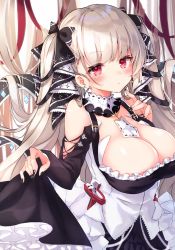 Rule 34 | 1girl, azur lane, bare shoulders, between breasts, black dress, black nails, blush, breasts, cleavage, dress, earrings, flight deck, formidable (azur lane), frilled dress, frills, hair ribbon, highres, jewelry, large breasts, long hair, long sleeves, looking at viewer, nail polish, nekomugiharu, red eyes, ribbon, rigging, simple background, skirt hold, solo, twintails, two-tone dress, white hair