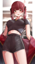Rule 34 | 1girl, absurdres, bad id, bad twitter id, black bow, black shirt, black shorts, bow, collarbone, crop top, dodon gadon, fang, hair bow, heart, heart necklace, heterochromia, high-waist shorts, highres, hololive, houshou marine, jewelry, long hair, necklace, open mouth, red eyes, red hair, shirt, short sleeves, shorts, skin fang, solo, sweat, twintails, virtual youtuber, wet, yellow eyes