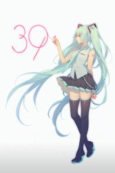 Rule 34 | 1girl, 39, aqua eyes, aqua hair, aqua necktie, arm tattoo, bare shoulders, black footwear, black skirt, black thighhighs, boots, breast pocket, closed mouth, collared shirt, full body, grey background, grey shirt, hair ornament, hatsune miku, high heel boots, high heels, highres, long hair, md5 mismatch, necktie, number tattoo, pink ribbon, pleated skirt, pocket, ribbon, shirt, simple background, skirt, sleeveless, smile, solo, standing, tattoo, thigh boots, thighhighs, tidsean, twintails, very long hair, vocaloid, wing collar, zettai ryouiki