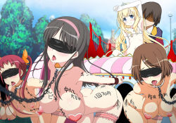 Rule 34 | 10s, 1boy, 5girls, amagi brilliant park, armpits, arms up, bdsm, bikini, black hair, blindfold, blonde hair, blue eyes, blush, body writing, bondage, bouncing breasts, bound, breasts, brown hair, chain, collar, elbow gloves, flat chest, gloves, hairband, hanging breasts, harem, large breasts, latifa fleuranza, legs, long hair, multiple girls, nipples, nude, open mouth, red hair, short hair, sitting, slave, small breasts, swimsuit, thighs, translation request, tree, twintails, women livestock