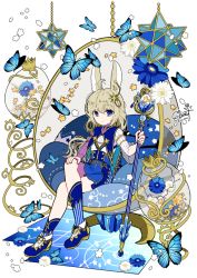 Rule 34 | animal ears, blonde hair, blue eyes, blue flower, bug, bunny day, butterfly, capelet, egg chair, elina (e2n04n), flower, hair ornament, hand on own knee, holding, holding staff, insect, long hair, looking at viewer, original, rabbit ears, shoes, short sleeves, sitting, solo, staff, star (symbol), star hair ornament, white flower