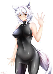 Rule 34 | 1girl, :&lt;, animal ear fluff, animal ears, artist name, bad id, bad pixiv id, bare arms, bare shoulders, black bodysuit, bodysuit, breasts, collarbone, commentary request, covered erect nipples, covered navel, cowboy shot, groin, hair between eyes, hand up, highres, inubashiri momiji, inyuppo, latex, latex bodysuit, looking at viewer, medium breasts, navel, no headwear, red eyes, shiny clothes, short hair, signature, silver hair, simple background, skin tight, sleeveless, sleeveless bodysuit, solo, standing, stomach, tail, thighs, touhou, white background, wolf ears, wolf tail