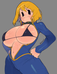 Rule 34 | 1girl, :3, belly, bikini, bikini top only, black bikini, black pupils, blonde hair, blush, bodysuit, breasts, breasts out, cleavage, collar, curvy, fallout (series), gold trim, grey background, hands on own hips, highres, huge breasts, micro bikini, mob face, open clothes, short hair, sideboob, smile, smug, solid oval eyes, sweat, swimsuit, thick thighs, thighs, underboob, vault girl, vault suit, waa153, watermark
