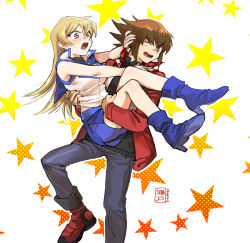 Rule 34 | 1boy, 1girl, 203wolves, bad id, bad pixiv id, blonde hair, blue footwear, blue skirt, boots, brown eyes, brown hair, carrying, duel academy uniform (yu-gi-oh! gx), embarrassed, grey pants, high heel boots, high heels, jacket, long hair, long sleeves, miniskirt, multicolored hair, one eye closed, open clothes, open jacket, open mouth, pants, princess carry, red footwear, red jacket, skirt, sleeveless, sleeveless jacket, standing, standing on one leg, star (symbol), starry background, straight hair, sweatdrop, tenjouin asuka, tsundere, two-tone hair, very long hair, white background, white jacket, yu-gi-oh!, yu-gi-oh! gx, yuki judai