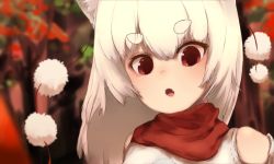 Rule 34 | 1girl, :o, alternate hair length, alternate hairstyle, animal ears, blush, detached sleeves, eyebrows, fang, inubashiri momiji, long hair, looking at viewer, natsume-same, open mouth, pom pom (clothes), red eyes, scarf, short eyebrows, solo, thick eyebrows, touhou, upper body, white hair, wolf ears