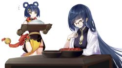 Rule 34 | 2girls, alternate costume, alternate hair length, alternate hairstyle, belt, bespectacled, black-framed eyewear, blue hair, blunt bangs, bowl, breasts, chinese commentary, closed eyes, commentary request, cowboy shot, dress, food, genshin impact, glasses, hair ornament, hair rings, hairclip, holding, holding tray, long hair, mole, mole on breast, multiple girls, oven mitts, pelvic curtain, round eyewear, simple background, smile, srpzk, standing, thighs, tray, upper body, very long hair, white background, xiangling (genshin impact), yelan (genshin impact), yellow dress, yellow eyes