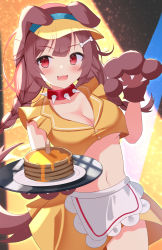 Rule 34 | 1girl, animal ears, animal hands, apron, black background, blue background, bone hair ornament, braid, breasts, brown eyes, brown hair, cleavage, coat, collar, dog ears, dog girl, dog paws, dog tail, doggy god&#039;s street, food, hair ornament, hat, highres, hololive, inugami korone, kawaiipony2, large breasts, long hair, looking at viewer, miniskirt, navel, open mouth, pancake, red coat, severed finger, severed limb, shirt, skirt, spiked collar, spikes, strapless, tail, thighs, tube top, twin braids, underboob, virtual youtuber, visor cap, waist apron, yellow background, yellow hat, yellow shirt