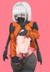 Rule 34 | 1girl, black gloves, black scarf, black shirt, blue eyes, blunt bangs, blush, breasts, clothes lift, clothes pull, cowboy shot, ear blush, ear piercing, eyelashes, film grain, fingerless gloves, gloves, grey hair, grey pants, groin, hair intakes, heart, heart tattoo, highres, jacket, korean commentary, large breasts, long sleeves, looking to the side, maplestory, mask, midriff, mouth mask, multiple piercings, navel, nose blush, open clothes, open jacket, orange jacket, orangewink, pants, pants pull, piercing, pink background, pubic tattoo, scarf, shadower (maplestory), shirt, shirt lift, solo, standing, tattoo, torn clothes, torn scarf, underboob