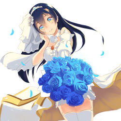 Rule 34 | 10s, 1girl, absurdres, asymmetrical clothes, blue flower, blue hair, blue rose, bouquet, breasts, dress, flower, gloves, gujianshaonu, hair between eyes, hairband, highres, light smile, looking at viewer, love live!, love live! school idol festival, love live! school idol project, medium breasts, multicolored eyes, off shoulder, original, pov, reaching, reaching towards viewer, rose, single glove, solo, sonoda umi, thighhighs, tiara, wedding, wedding dress, white background, white dress, white gloves, white thighhighs, yellow eyes