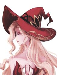 Rule 34 | 1girl, bare shoulders, bezvinno, blonde hair, dress, earrings, from side, genshin impact, hat, highres, jewelry, lipstick, long hair, makeup, pensive, profile, red dress, sad, signora (genshin impact), solo, witch hat