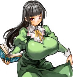 Rule 34 | 1girl, black hair, book, breasts, character request, clothes lift, copyright request, dress, dress lift, green dress, holding, holding book, huge breasts, long hair, long sleeves, perky breasts, puffy long sleeves, puffy sleeves, red eyes, ribbon, sachito, simple background, solo, white background, yellow ribbon