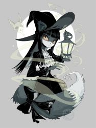 Rule 34 | 1girl, animal ears, animal nose, black bow, black dress, black hair, body fur, bow, brown background, brown bag, center frills, chain, claws, closed mouth, cross, dress, frilled shirt, frilled shirt collar, frills, full moon, furry, furry female, ghost, grey fur, hat, highres, hime cut, holding, holding lantern, lantern, long hair, long sleeves, looking to the side, moon, original, shirt, simple background, skull, solo, standing, tail, watermark, witch, witch hat, wolf ears, wolf tail, woraya chotikul