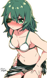 Rule 34 | 1girl, bikini, blush, breasts, collarbone, commentary request, cowboy shot, eyepatch, green eyes, green hair, kantai collection, kiso (kancolle), laco soregashi, looking at viewer, medium breasts, one-hour drawing challenge, sarong, short hair, simple background, solo, swimsuit, twitter username, white background, white bikini