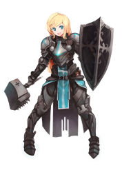 Rule 34 | + +, 1girl, absurdres, armor, bad id, bad pixiv id, blonde hair, blue eyes, breastplate, full armor, full body, greaves, highres, knight, long hair, mace, mallet, mayo-rang, pauldrons, shield, shoulder armor, smile, solo, tabard, war hammer, warhammer, weapon, white background