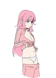 Rule 34 | 1girl, blue eyes, bocchi the rock!, breasts, cleavage, closed mouth, clothes pull, gotoh hitori, highres, hip bones, jacket, large breasts, medium breasts, navel, nitbe2, open clothes, open jacket, panties, pants, pants pull, pinching, pink hair, pink jacket, pink pants, simple background, solo, sweatdrop, track jacket, underwear, white background