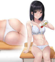 Rule 34 | 1girl, arm at side, ass, bare arms, bare shoulders, black hair, blunt bangs, blush, bra, breasts, brown eyes, chair, cleavage, closed mouth, collarbone, commentary request, cup, desk, disposable cup, feet out of frame, holding, holding cup, iwanishi, lying, mcdonald&#039;s, medium breasts, multiple views, navel, nervous smile, on side, on table, original, panties, school chair, school desk, short hair, sidelocks, simple background, smile, spilling, stomach, table, underwear, underwear only, wakamezake, white background, white bra, white panties