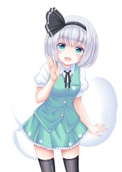 Rule 34 | 1girl, absurdres, aqua eyes, black hairband, black ribbon, black thighhighs, blush, bob cut, breasts, buttons, collared shirt, commentary request, cowboy shot, frilled skirt, frills, green eyes, green skirt, green vest, grey hair, hair ribbon, hairband, hand to own mouth, hand up, highres, hitodama, hitodama print, konpaku youmu, konpaku youmu (ghost), looking at viewer, miniskirt, neck ribbon, open hand, open mouth, outstretched hand, puffy short sleeves, puffy sleeves, reimei (r758120518), ribbon, shirt, short hair, short sleeves, sidelocks, skirt, skirt set, small breasts, smile, solo, thighhighs, touhou, transparent background, vest, white shirt, wing collar, zettai ryouiki