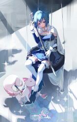 Rule 34 | 1girl, abstract background, blue eyes, blue footwear, blue hair, blue skirt, bodice, cape, creature, detached sleeves, fortissimo, frills, from above, full body, hair ornament, hand up, high heels, highres, holding, holding sword, holding weapon, jinyin kao mantou, kyubey, magical girl, mahou shoujo madoka magica, miki sayaka, musical note, musical note hair ornament, oktavia von seckendorff, short hair, sitting, skirt, smile, solo, sparkle, swing, sword, thighhighs, tire swing, weapon, weibo logo, weibo watermark, white blood, white cape, white thighhighs