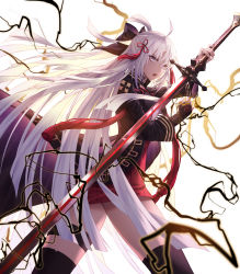 Rule 34 | 1girl, ahoge, arm guards, boots, bow, cecil86, cloak, commentary request, dark-skinned female, dark skin, fate/grand order, fate (series), grey eyes, hair between eyes, hair bow, hair ornament, highres, holding, holding sword, holding weapon, katana, lightning, long hair, looking at viewer, okita souji (fate), okita souji alter (fate), open mouth, silver hair, simple background, solo, standing, sword, tassel, thigh boots, thighhighs, very long hair, weapon, white background
