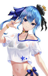 Rule 34 | 1girl, beret, bikini, bikini under clothes, black choker, blue eyes, blue hair, blue nails, breasts, choker, crown, gold bracelet, hair ribbon, hand up, hat, highres, hololive, hoshimachi suisei, looking at viewer, mini crown, navel, parted lips, plaid, ribbon, see-through, see-through shirt, shirt, simple background, single bare shoulder, small breasts, solo, star (symbol), star in eye, stomach, swimsuit, symbol in eye, telu (teluscarlet), upper body, virtual youtuber, w, wet, wet clothes, wet shirt, white background, white shirt