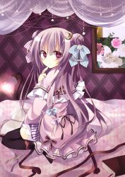 Rule 34 | 1girl, absurdres, alternate hairstyle, bed, book, crescent, crescent hair ornament, double bun, flower, hair ornament, hair ribbon, highres, kamioto musu, looking back, moon, patchouli knowledge, purple eyes, purple hair, ribbon, solo, star (symbol), thighhighs, touhou, twintails