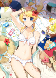 Rule 34 | 10s, 1girl, 2015, 6u (eternal land), arm up, ayase eli, bare arms, beach towel, bendy straw, bikini, blonde hair, blue eyes, blush, book, bookmark, bottle, breasts, bunting, cherry, cleavage, cocktail, cup, digital media player, doily, drink, drinking glass, drinking straw, earbuds, earphones, earphones removed, flower, food, frilled bikini, frills, front-tie bikini top, front-tie top, fruit, hair flower, hair ornament, hair ribbon, hand on own head, hand on own thigh, hat, hat flower, hat ribbon, hibiscus, innertube, ipod, long hair, looking at viewer, lotion bottle, love live!, love live! school idol festival, love live! school idol project, lying, navel, on back, orange (fruit), orange slice, pennant, petals, photo (object), ponytail, radio, ribbon, russian flag, sandals, seashell, shade, shell, side-tie bikini bottom, smile, solo, starfish, straw hat, string of flags, sunglasses, sunlight, swept bangs, swim ring, swimsuit, towel, unworn eyewear, unworn hat, unworn headwear, unworn sandals, white bikini, white ribbon, wrist cuffs