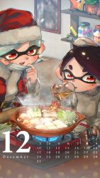 Rule 34 | + +, 2girls, :d, bad id, bad twitter id, belt, belt buckle, black belt, black hair, bowl, buckle, cabbage, calendar, callie (splatoon), chopsticks, commentary request, controller, cooking, cousins, cup, december, drinking, drinking glass, earrings, fire, food, grey sweater, hat, highres, holding, indoors, inkling, inkling (language), jar, jewelry, kashu (hizake), kotatsu, long sleeves, looking away, looking down, marie (splatoon), mask, mask pull, mole, mole under eye, monster girl, mouth mask, multiple girls, nintendo, open mouth, photo (object), plant, pointy ears, portable stove, potted plant, red eyes, remote control, santa costume, santa hat, shelf, short eyebrows, short hair, shrimp, shrimp tempura, silver hair, smile, splatoon (series), splatoon 1, spring onion, steam, sweater, table, tempura, tentacle hair, tofu