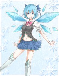 Rule 34 | 1girl, aged up, alternate costume, bad id, bad pixiv id, blue eyes, blue hair, blue skirt, blush, boots, bow, bracelet, breasts, cirno, cleavage, cleavage cutout, clothing cutout, eyebrows, groin, hair bow, hair ribbon, highres, ice, ice wings, jewelry, knee boots, looking at viewer, matching hair/eyes, midriff, navel, navel cutout, open mouth, pleated skirt, ribbon, shirt, short hair, short sleeves, skirt, smile, snowflakes, solo, standing, tongue, touhou, vest, white footwear, wings, wristband, yomi (yomi14 pyaon)