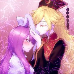 Rule 34 | 2girls, animal ears, black dress, blonde hair, blush, chinese clothes, closed eyes, dress, flower, gradient background, hat, junko (touhou), kissing ear, lily (flower), long hair, long sleeves, looking at another, looking up, miata (miata8674), multiple girls, necktie, pink background, profile, puffy sleeves, purple hair, rabbit ears, red eyes, red necktie, reisen udongein inaba, shirt, smelling, smile, tabard, tassel, touhou, upper body, very long hair, white shirt, wide sleeves, yuri