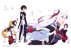 Rule 34 | 1boy, 2girls, :d, absurdres, arm up, artist name, asuna (sao), black eyes, black hair, black pants, braid, braided bangs, breasts, brown eyes, brown hair, double bun, floating hair, gloves, hair between eyes, hair ribbon, highres, holding, holding microphone, holding sword, holding weapon, kirito, long hair, looking back, microphone, multiple girls, nail polish, on one knee, open mouth, outstretched arm, pants, red eyes, red nails, red pants, red ribbon, ribbon, sheath, silver hair, simple background, small breasts, smile, standing, sword, sword art online, takiyama masaaki, very long hair, weapon, white background, white gloves, yuna (sao)