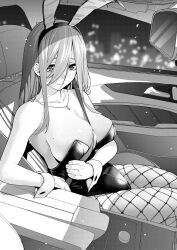 Rule 34 | 1girl, absurdres, animal ears, bare shoulders, between breasts, blush, breasts, car, cityscape, cleavage, closed mouth, collarbone, fake animal ears, fishnet pantyhose, fishnets, go-toubun no hanayome, greyscale, hair between eyes, highres, jewelry, kosmos beta, large breasts, leotard, long hair, looking at viewer, monochrome, motor vehicle, nakano miku, necklace, pantyhose, playboy bunny, rabbit ears, sitting, skindentation, smile, solo, strapless, strapless leotard, wrist cuffs