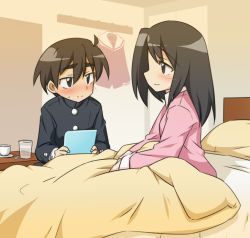Rule 34 | 1boy, 1girl, bed, black shirt, blush, couple, cup, glass, hetero, holding, ikune juugo, long hair, long sleeves, looking at another, on bed, original, pillow, saucer, school uniform, shirt, short hair, sideways mouth, sitting, smile, sweat, teacup