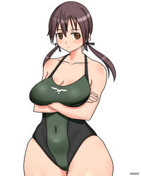 Rule 34 | 00s, 1girl, breast rest, breasts, brown eyes, brown hair, curvy, gertrud barkhorn, hip focus, large breasts, monmonism, one-piece swimsuit, plump, solo, strike witches, swimsuit, twintails, wide hips, world witches series