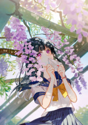 Rule 34 | 1girl, black hair, blue skirt, blue sky, bow, bowtie, covering own mouth, day, flower, gradient hair, heart, highres, holding, holding letter, letter, long hair, looking at viewer, love letter, multicolored hair, original, outdoors, pink eyes, pleated skirt, school uniform, serafuku, short sleeves, skirt, sky, sunlight, tatsumi3, watch, wisteria, wristwatch, yellow bow, yellow bowtie