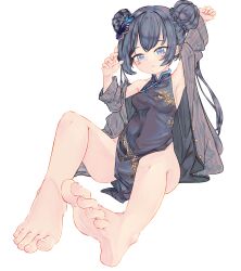 Rule 34 | 1girl, armpits, bare legs, barefoot, black hair, blue archive, blue eyes, blush, butterfly hair ornament, chaosexceed, china dress, chinese clothes, dress, feet, full body, hair ornament, highres, kisaki (blue archive), simple background, soles, solo, toenails, toes, white background
