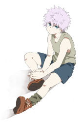 Rule 34 | 1boy, blue eyes, child, closed mouth, full body, hachie (artist), hunter x hunter, killua zoldyck, looking at viewer, male focus, pout, shorts, simple background, sleeveless shirt, solo, spiked hair, white background, white hair