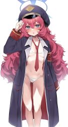 Rule 34 | 1girl, absurdres, armband, bikini, blue archive, blush, breasts, duplicate, grey eyes, halo, hat, highres, iroha (blue archive), jacket, long hair, looking at viewer, messy hair, micro bikini, military, military hat, military uniform, necktie, open clothes, open jacket, peaked cap, red hair, red necktie, revision, simple background, small breasts, solo, standing, swimsuit, uniform, usa b, white background, white bikini