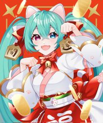 Rule 34 | 1girl, animal ears, apron, bell, blue eyes, blue hair, bow, cat ears, fang, gold, hair bow, hatsune miku, heterochromia, highres, japanese clothes, koban (gold), long hair, long sleeves, masumofu, neck bell, obi, open mouth, paw pose, paw print, pink eyes, red background, sash, skin fang, smile, solo, twintails, very long hair, vocaloid