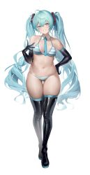 Rule 34 | 1girl, ahoge, aqua hair, bare shoulders, bikini, black footwear, black gloves, blue eyes, blue necktie, boots, breasts, detached collar, elbow gloves, full body, gloves, gluteal fold, grin, hair between eyes, hair ornament, hand on own hip, hand up, hatsune miku, highres, light blush, long hair, looking at viewer, medium breasts, navel, necktie, nine (kanine41), number tattoo, short necktie, shoulder tattoo, simple background, skindentation, smile, solo, standing, stomach, string bikini, striped bikini, striped clothes, swimsuit, tattoo, thigh boots, thigh gap, tie clip, twintails, two-sided gloves, very long hair, vocaloid, white background