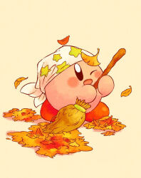 Rule 34 | ;d, bandana, blush, broom, cleaning kirby, commentary request, copy ability, falling leaves, ginkgo leaf, harukui, highres, holding, holding broom, kirby, kirby (series), leaf, leaf pile, nintendo, no humans, one eye closed, open mouth, print bandana, simple background, smile, solo, star (symbol), star print, sweeping, white bandana, yellow background