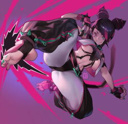 Rule 34 | 1girl, baggy pants, belt, black hair, black panties, body markings, bracelet, breasts, chinese clothes, collar, drill hair, dudou, feet, fingerless gloves, gloves, hair horns, han juri, heterochromia, highres, jewelry, kicking, large breasts, leggings, lipstick, looking at viewer, makeup, midriff, multicolored hair, nail polish, no shoes, open clothes, panties, panties over leggings, pants, partially unzipped, pink hair, poch4n, short hair, simple background, smile, soles, spiked anklet, spiked bracelet, spiked collar, spikes, stirrup legwear, street fighter, street fighter 6, thick thighs, thighs, toeless legwear, toenail polish, toenails, toes, twin drills, underboob, underwear, unzipped, white leggings, yin yang, zipper