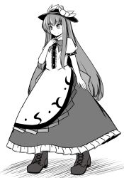 Rule 34 | 1girl, blouse, boots, bow, bowtie, cross-laced footwear, dress, dress shirt, flat chest, food, food on head, frilled skirt, frills, fruit, fruit on head, ganmaganmo, greyscale, hand on own chest, hat, highres, hinanawi tenshi, lace-up boots, layered dress, long dress, long hair, long skirt, monochrome, object on head, peach, puffy short sleeves, puffy sleeves, shirt, short sleeves, sidelocks, skirt, smile, solo, touhou, tsurime, very long hair