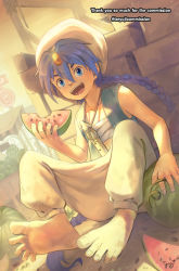 Rule 34 | 1boy, aladdin (magi), artist request, barefoot, blue eyes, blue hair, child, commentary, commission, english commentary, flute, food, fruit, holding, holding food, instrument, long hair, looking at viewer, magi the labyrinth of magic, male focus, open mouth, sitting, smile, soles, tayuji, teeth, toes, turban, wall, watermelon