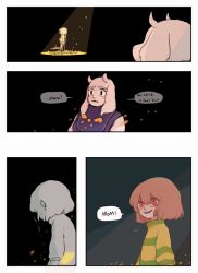 Rule 34 | ..., 1girl, androgynous, animated, animated gif, bandaid, brown hair, chara (undertale), closed eyes, comic, english text, evil smile, field, flower, flower field, fofu (vivivi7068), frisk (undertale), furry, furry female, horns, injury, open mouth, red eyes, smile, speech bubble, spoilers, spoken ellipsis, spoken squiggle, spot color, spotlight, squiggle, striped clothes, striped sweater, sweater, talking, toriel, undertale