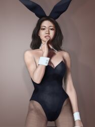 Rule 34 | 1girl, animal ear headwear, animal ears, black leotard, black pantyhose, brown hair, bunny day, cropped legs, detached collar, fake animal ears, hair ornament, hand to own mouth, highres, leotard, looking at viewer, mayan someya, original, pantyhose, parted lips, playboy bunny, rabbit ears, real life, solo, standing, strapless, strapless leotard, wrist cuffs