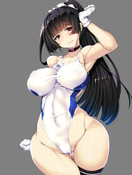 Rule 34 | absurdres, arm up, armpits, black hair, blush, breasts, cameltoe, choker, cleft of venus, competition swimsuit, gloves, hand on own head, headdress, highres, impossible clothes, impossible swimsuit, isokaze (kancolle), kantai collection, large breasts, long hair, looking at viewer, nipples, one-piece swimsuit, ponytail, see-through, solo, swimsuit, torisan, white one-piece swimsuit, wide hips