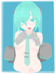 1girl absurdres blue_background blue_eyes blue_hair blue_necktie breasts collared_shirt commentary_request cropped_torso detached_sleeves eyes_visible_through_hair grey_shirt hair_between_eyes hair_ornament hair_over_one_eye hara_id_21 hatsune_miku highres long_bangs long_hair long_sleeves looking_at_viewer navel necktie no_bra number_tattoo open_mouth shirt sleeveless sleeveless_shirt sleeves_past_fingers sleeves_past_wrists small_breasts smile solo stomach_tattoo tattoo twintails underboob upper_body vocaloid