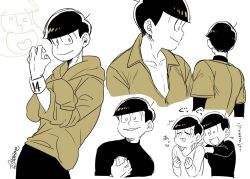 Rule 34 | 10s, 2boys, alternate costume, armband, artist name, atarime, bad id, bad twitter id, ball, baseball, baseball uniform, black hair, brothers, expressions, from behind, heart, heart in mouth, holding, holding ball, male focus, matsuno jyushimatsu, matsuno todomatsu, monochrome, multiple boys, multiple persona, osomatsu-kun, osomatsu-san, osomatsu (series), parted lips, siblings, simple background, sleeves past wrists, sleeves pushed up, smile, sportswear, white background, yellow eyes