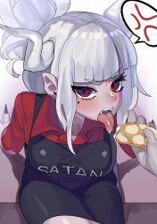 Rule 34 | 1girl, absurdres, annoyed, apron, black apron, blush, breasts, collared shirt, commentary request, demon girl, demon horns, fang, fangs, food, hair ornament, helltaker, highres, horns, koiso usu, large breasts, long hair, looking at viewer, lucifer (helltaker), medium hair, mole, mole under eye, phallic symbol, red eyes, red shirt, saliva, sexually suggestive, shirt, simple background, sitting, sleeves rolled up, tongue, tongue out, white hair, white horns