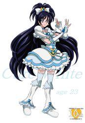 Rule 34 | 00s, 1girl, adapted costume, aged up, anniversary, arudebido, black eyes, black hair, blue thighhighs, boots, bow, brooch, character name, choker, copyright name, cure white, earrings, frills, full body, futari wa precure, futari wa precure max heart, half updo, heart, heart brooch, jewelry, knee boots, leg warmers, long hair, magical girl, precure, ribbon, skirt, smile, solo, standing, thighhighs, thighhighs under boots, white background, white footwear, wrist cuffs, yukishiro honoka